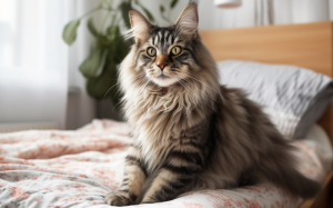 Gato Bosque de Noruega en una cama
