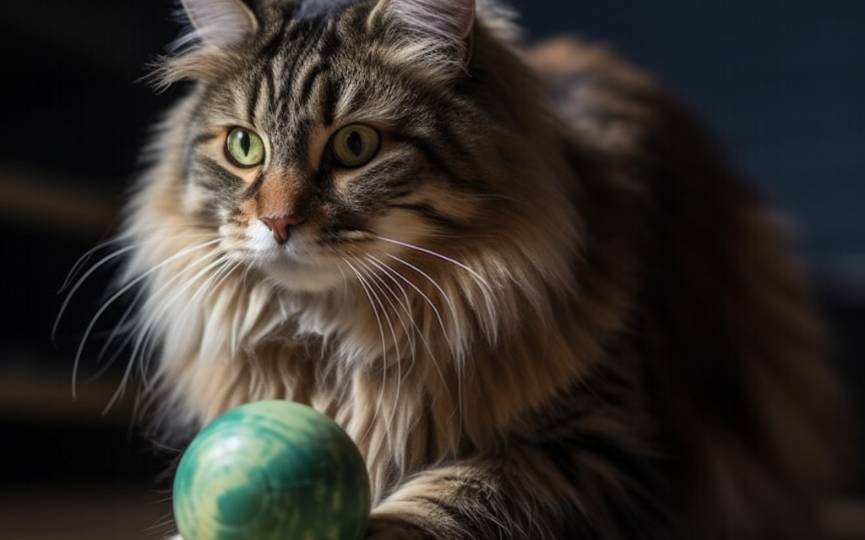 Gato Bosque de Noruega juega con pelota