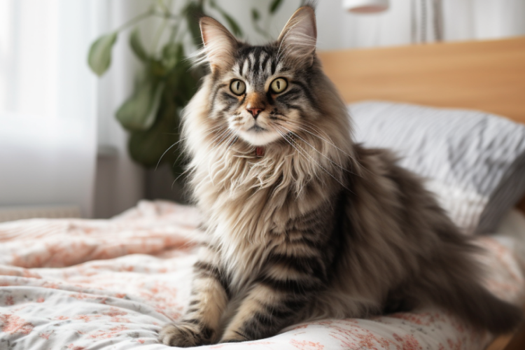 Gato Bosque de Noruega en una cama